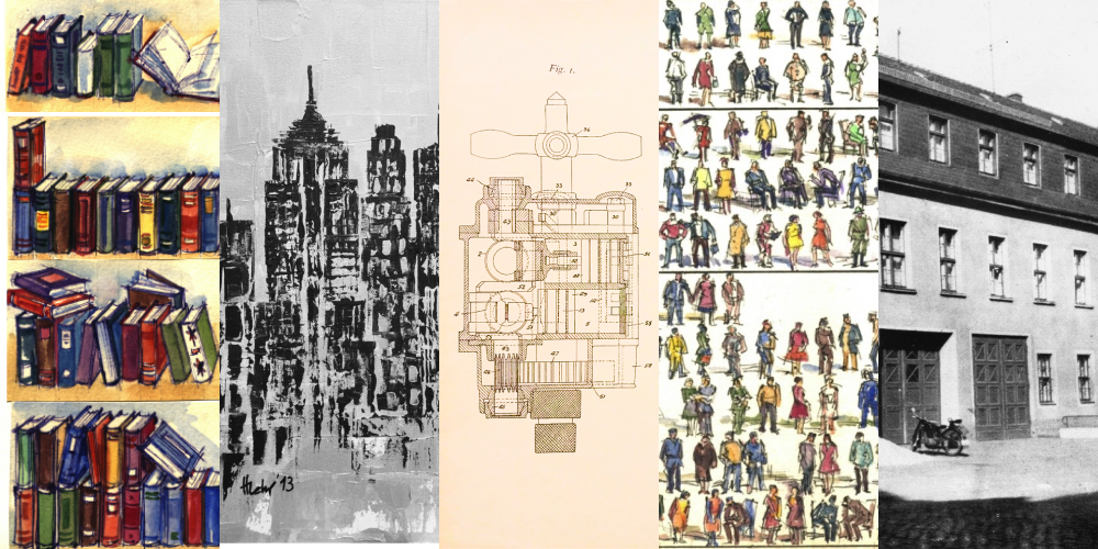 Fotocollage zu 125 Jahren Hochschulbibliothek: gezeichnete Bücher. New Yorker Skyline gezeichnet, technische Zeichnung, gezeichnete Personen, Gebäudeansicht in schwarz-weiß